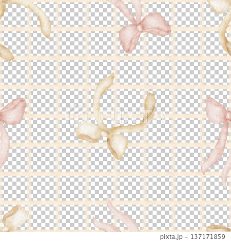 Pattern bow on beige pink vichy check. Watercolor illustration in children's picnic girl style. Seamless hand-drawn square grid print, isolated from background for textiles, fabrics clothing wallpaper 137171859