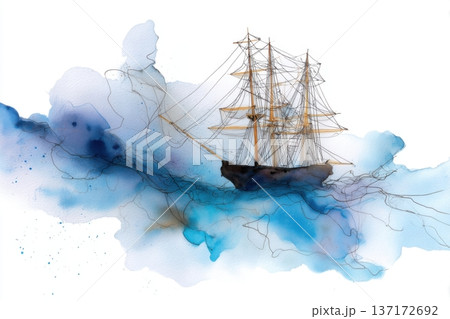 Watercolor and ink illustration of an old sailing ship struggling in stormy seas. Dramatic washes of dark blue and grey paint, ink splashes creating waves 137172692