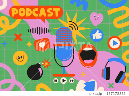 Podcast bright childish banner. Broadcast,news streaming. Template for shows,live performances. Concept of audio online, online radio, streaming services, talk show. Vector illustration Podcast bright childish banner. Broadcast,news streaming. Template for shows,live performances. Concept of audio online, online radio, streaming services, talk show. Vector illustration 137172881