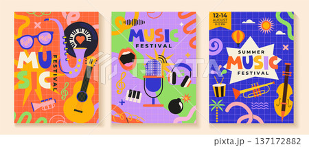 Set of summer music festival flyers on fun childish background. Musical fest party,concept of live music festival, jazz and rock event. Posters with musical instrument and vinyl record. Vector 137172882