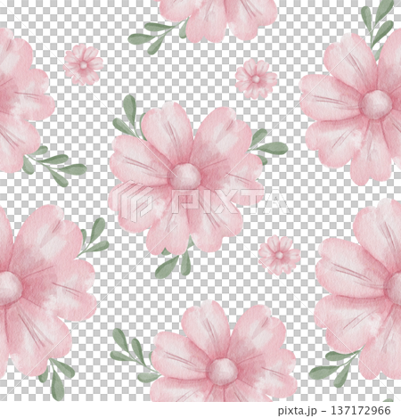 Seamless watercolor pattern pink daisies and green leaves, hand-drawn floral repeat background, delicate botanical motif. For eco-friendly cosmetic packaging, fabric, flower shop display, on white Seamless watercolor pattern pink daisies and green leaves, hand-drawn floral repeat background, delicate botanical motif. For eco-friendly cosmetic packaging, fabric, flower shop display, on white 137172966
