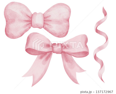 Set of watercolor illustrations pink satin, silk bows, wavy ribbon. Romantic decorative elements, hand-drawn, for packaging design, greeting cards, and holidays. Isolated on white background Set of watercolor illustrations pink satin, silk bows, wavy ribbon. Romantic decorative elements, hand-drawn, for packaging design, greeting cards, and holidays. Isolated on white background 137172967