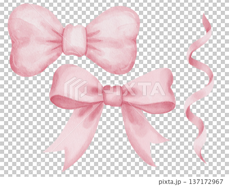 Set of watercolor illustrations pink satin, silk bows, wavy ribbon. Romantic decorative elements, hand-drawn, for packaging design, greeting cards, and holidays. Isolated on white background Set of watercolor illustrations pink satin, silk bows, wavy ribbon. Romantic decorative elements, hand-drawn, for packaging design, greeting cards, and holidays. Isolated on white background 137172967
