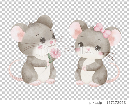 Two cute gray mice giving pink flower. Romantic animal couple. Watercolor illustration of friendship and love, isolated on white. For Valentine's Day cards, children's books, nursery room decor Two cute gray mice giving pink flower. Romantic animal couple. Watercolor illustration of friendship and love, isolated on white. For Valentine's Day cards, children's books, nursery room decor 137172968