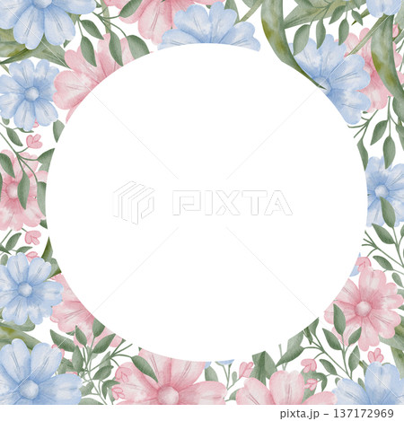 Watercolor floral frame pink, blue flowers, green leaves, empty center text space, spring greeting card template, romantic wedding invitation border, isolated on white background Watercolor floral frame pink, blue flowers, green leaves, empty center text space, spring greeting card template, romantic wedding invitation border, isolated on white background 137172969