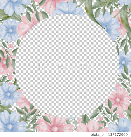 Watercolor floral frame pink, blue flowers, green leaves, empty center text space, spring greeting card template, romantic wedding invitation border, isolated on white background Watercolor floral frame pink, blue flowers, green leaves, empty center text space, spring greeting card template, romantic wedding invitation border, isolated on white background 137172969