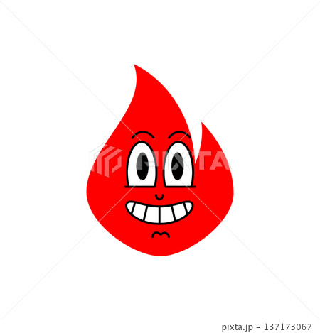 Red flame cartoon with nervous smile and wide eyes. Funny fire character illustration for playful design and kids projects. 137173067