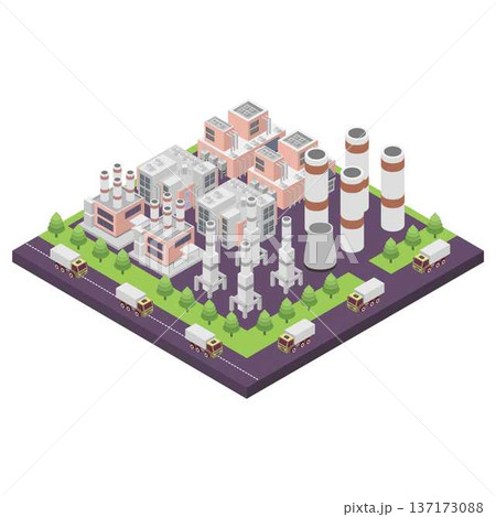 Industrial work plant concept with isometric chimney tower Industrial work plant concept with isometric chimney tower 137173088