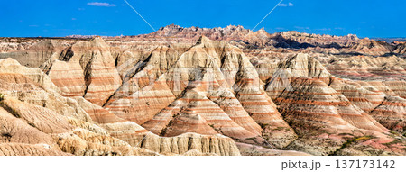 Scenic panoramic view of the colorful striped rock formations and vast rugged landscape from Panorama Point in Badlands National Park, South Dakota. Scenic panoramic view of the colorful striped rock formations and vast rugged landscape from Panorama Point in Badlands National Park, South Dakota. 137173142