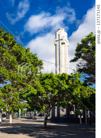 Scenic sunny view of the tall stone tower of the historic Monument to the Fallen surrounded by green trees in Plaza de Espana, Santa Cruz de Tenerife. 137173148