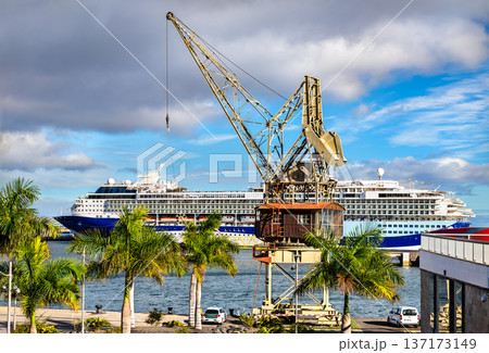 Scenic sunny view of a historic yellow port crane and a large modern cruise ship docked at the bustling Port of Santa Cruz de Tenerife, Canary Islands. 137173149