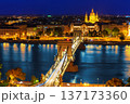 Aerial night view of Budapest with Chain Bridge and Saint Stephen Basilica, Hungary 137173360