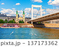 Elisabeth Bridge with historic buildings of Pest city center, view from Danube River, Budapest, Hungary 137173362