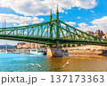 View of Liberty Bridge over turquoise Danube River in Budapest, Hungary 137173363