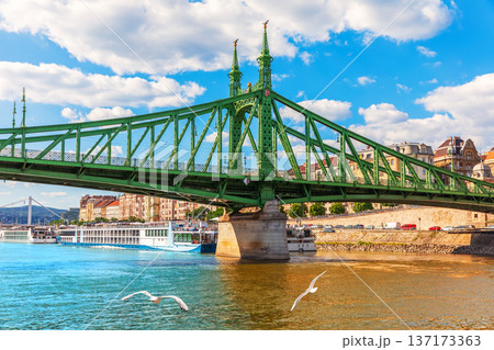 View of Liberty Bridge over turquoise Danube River in Budapest, Hungary 137173363