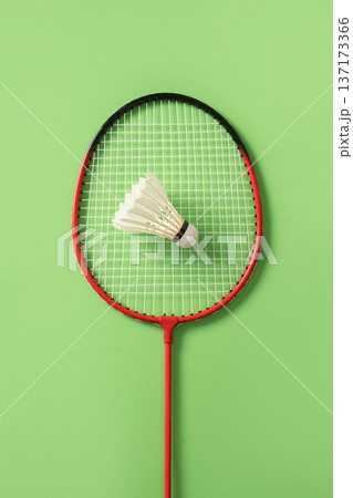 Red badminton racket with shuttlecock on green background championship concept 137173366