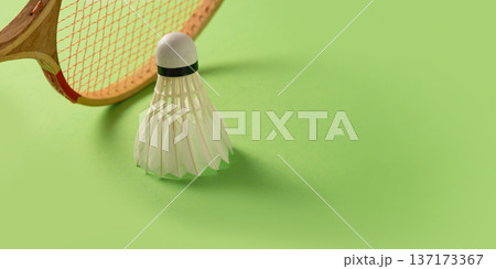White shuttlecock on green background with red racket 137173367