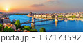 Full Panorama of Budapest landmark, famous Chain Bridge with Parliament and Margaret Island, Hungary 137173592
