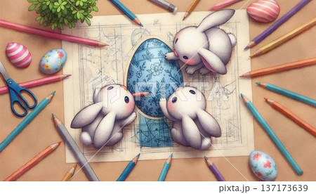 Cute Easter bunnies designing floral egg sketch Cute Easter bunnies designing floral egg sketch 137173639