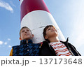 Two boys under lighthouse looking up, childhood dreams, future and direction, coastal lifestyle. Low angle 137173648