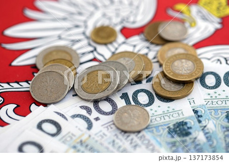 Banknotes of Polish zloty and grosz coins currency on polish flag. Poland PLN money close up. Business, economy and finance concept 137173854