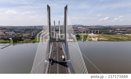 High angle view of cable stayed Vasco da Gama bridge over Tagus river in Lisbon city 137173889