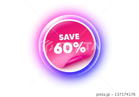 Discount sticker purple gradient. Paper offer price tag. Save 60 percent off tag. Sale Discount offer price sign. Special offer symbol. Sticker label. Grain dots effect. Vector 137174176