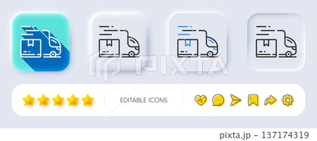 Delivery truck line icon. Neumorphic, Flat shadow, 3d buttons. Logistic service sign. Export freight boxes symbol. Line delivery truck icon. Social media icons. Vector 137174319