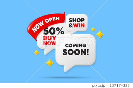 Coming soon speech bubbles. Now open flag ribbon. Coming soon tag. Promotion banner sign. New product release symbol. Discount chat bubbles with 3d sparkles. Vector 137174325