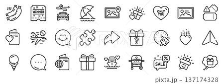 Travel passport, Tickets and Puzzle line icons pack. Share, Message, Paper plane icons. Discounts bubble, Photo, Journey web icon. Ice cream, Secret gift, Gift box pictogram. Vector Travel passport, Tickets and Puzzle line icons pack. Share, Message, Paper plane icons. Discounts bubble, Photo, Journey web icon. Ice cream, Secret gift, Gift box pictogram. Vector 137174328