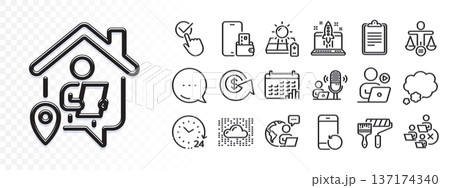 Dollar exchange, Phone wallet and Outsource work line icons for web app. Glare of light effect. Message icon. Pack of Ethics, Podcast, Talk bubble pictogram icons. Vector 137174340