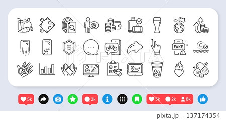 Juice, Bike app and Destination flag line icons pack. Social media: share, comment, like icons. Report diagram, Gps, Smartphone broken web icon. Vector Juice, Bike app and Destination flag line icons pack. Social media: share, comment, like icons. Report diagram, Gps, Smartphone broken web icon. Vector 137174354