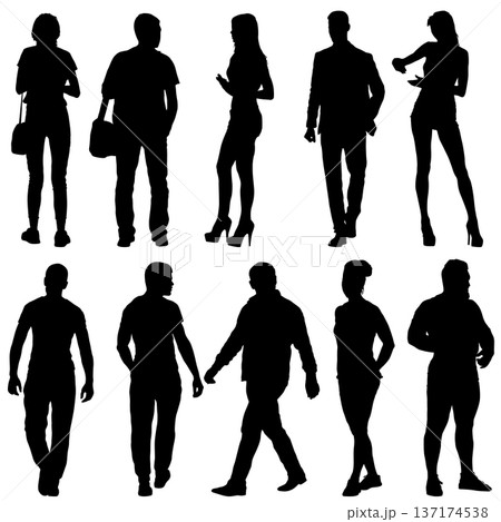 Set of black silhouette standing poses of men and women isolated on white background. Collection of male and female figures for business, fashion, fitness, or lifestyle graphic design 137174538