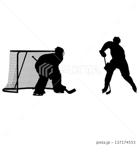 Black silhouettes of an ice hockey player shooting the puck and a goalkeeper making a save isolated on white background. Action sports scene for graphic design or team branding 137174553