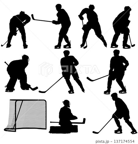 Set of black silhouette ice hockey elements including players, goalkeeper, goal net, and duel scenes isolated on white background. Collection for sports graphic design and team branding 137174554