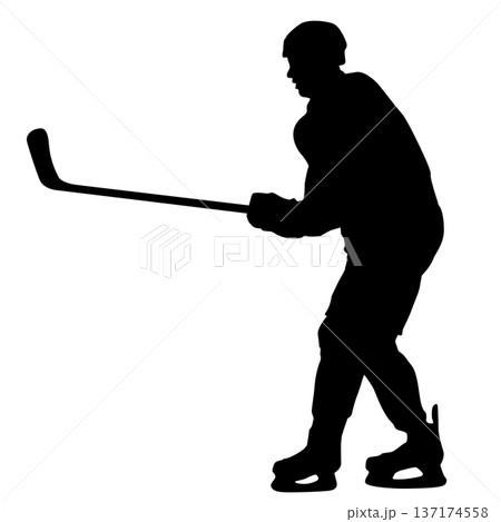 Black silhouette of an ice hockey player holding a stick, isolated on white background. Dynamic pose, perfect for sports design, logo, emblem, or team branding 137174558