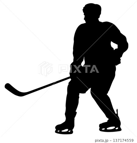 Black silhouette of an ice hockey player holding a stick, isolated on white background. Dynamic pose, perfect for sports design, logo, emblem, or team branding Black silhouette of an ice hockey player holding a stick, isolated on white background. Dynamic pose, perfect for sports design, logo, emblem, or team branding 137174559