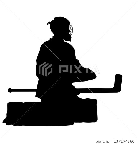 Black silhouette of an ice hockey goalkeeper or goalie isolated on white background. Sports pose for logo, emblem, team branding, or hockey tournament design Black silhouette of an ice hockey goalkeeper or goalie isolated on white background. Sports pose for logo, emblem, team branding, or hockey tournament design 137174560