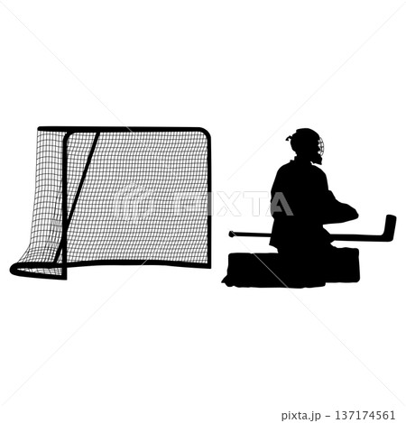 Black silhouette of an ice hockey goalkeeper or goalie isolated on white background. Sports pose for logo, emblem, team branding, or hockey tournament design Black silhouette of an ice hockey goalkeeper or goalie isolated on white background. Sports pose for logo, emblem, team branding, or hockey tournament design 137174561
