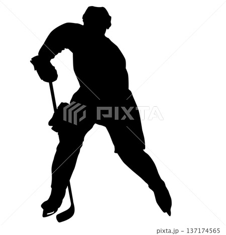 Black silhouette of an ice hockey player holding a stick, isolated on white background. Dynamic pose, perfect for sports design, logo, emblem, or team branding Black silhouette of an ice hockey player holding a stick, isolated on white background. Dynamic pose, perfect for sports design, logo, emblem, or team branding 137174565