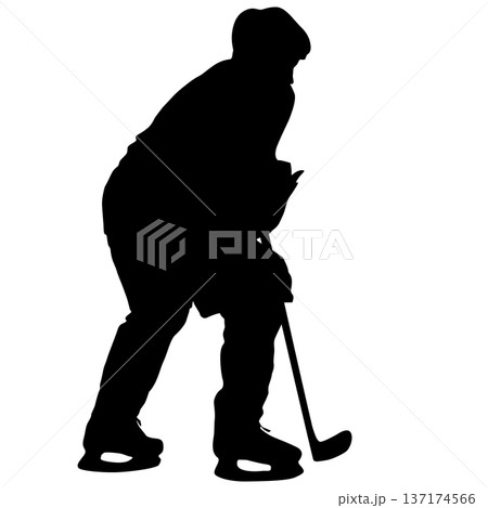 Black silhouette of an ice hockey player holding a stick, isolated on white background. Dynamic pose, perfect for sports design, logo, emblem, or team branding Black silhouette of an ice hockey player holding a stick, isolated on white background. Dynamic pose, perfect for sports design, logo, emblem, or team branding 137174566