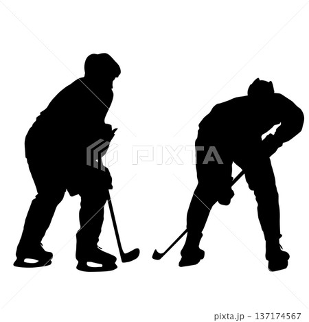 Black silhouettes of two ice hockey players facing each other with sticks isolated on white background. Sports duel concept for graphic design, posters, or team branding 137174567