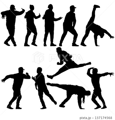 Set of black silhouette breakdancer poses including headspin, freeze, and side moves. Street dance collection isolated on white background for urban culture, sport, or music design Set of black silhouette breakdancer poses including headspin, freeze, and side moves. Street dance collection isolated on white background for urban culture, sport, or music design 137174568