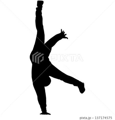 Black silhouette of a breakdancer in dynamic street dance pose isolated on white background. Urban culture concept for hip hop music design, sport wear, or graffiti style art 137174575