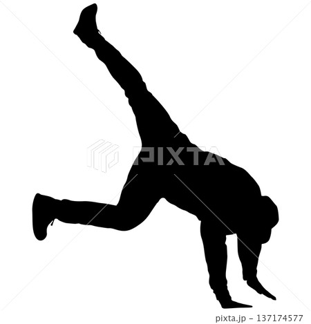 Black silhouette of a breakdancer in dynamic street dance pose isolated on white background. Urban culture concept for hip hop music design, sport wear, or graffiti style art Black silhouette of a breakdancer in dynamic street dance pose isolated on white background. Urban culture concept for hip hop music design, sport wear, or graffiti style art 137174577