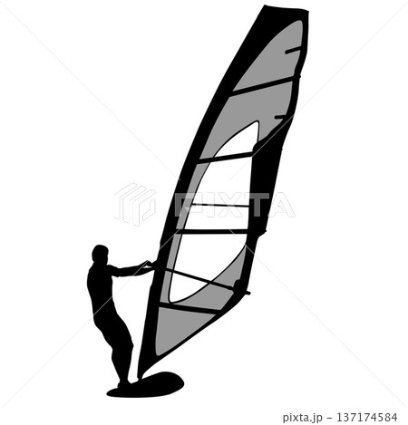 Black silhouette of a man windsurfing on a board with sail isolated on white background. Extreme water sport concept for summer vacation, adventure, or outdoor lifestyle design Black silhouette of a man windsurfing on a board with sail isolated on white background. Extreme water sport concept for summer vacation, adventure, or outdoor lifestyle design 137174584