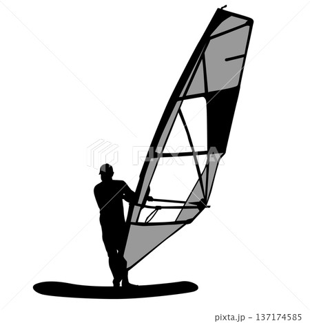 Black silhouette of a man windsurfing on a board with sail isolated on white background. Extreme water sport concept for summer vacation, adventure, or outdoor lifestyle design 137174585