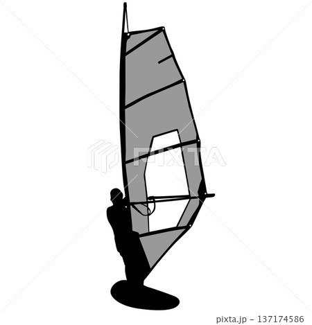 Black silhouette of a man windsurfing on a board with sail isolated on white background. Extreme water sport concept for summer vacation, adventure, or outdoor lifestyle design 137174586