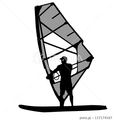 Black silhouette of a man windsurfing on a board with sail isolated on white background. Extreme water sport concept for summer vacation, adventure, or outdoor lifestyle design 137174587