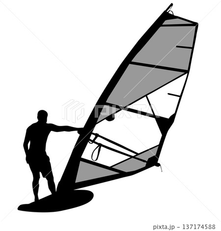 Black silhouette of a man windsurfing on a board with sail isolated on white background. Extreme water sport concept for summer vacation, adventure, or outdoor lifestyle design 137174588